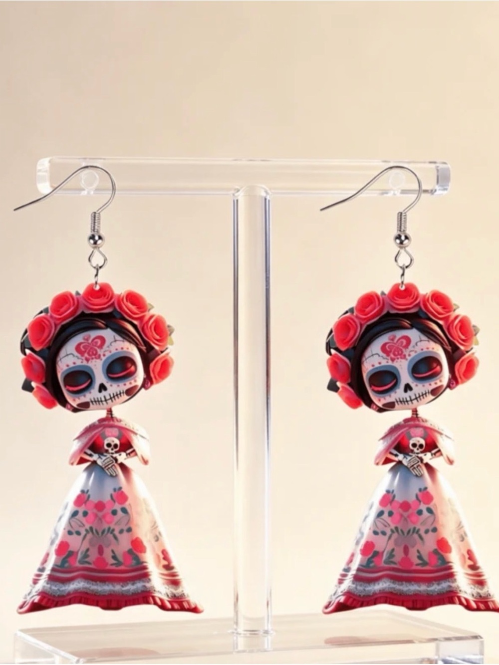 Day of the Dead Sugar Skull Floral Drop Earrings - Pink
